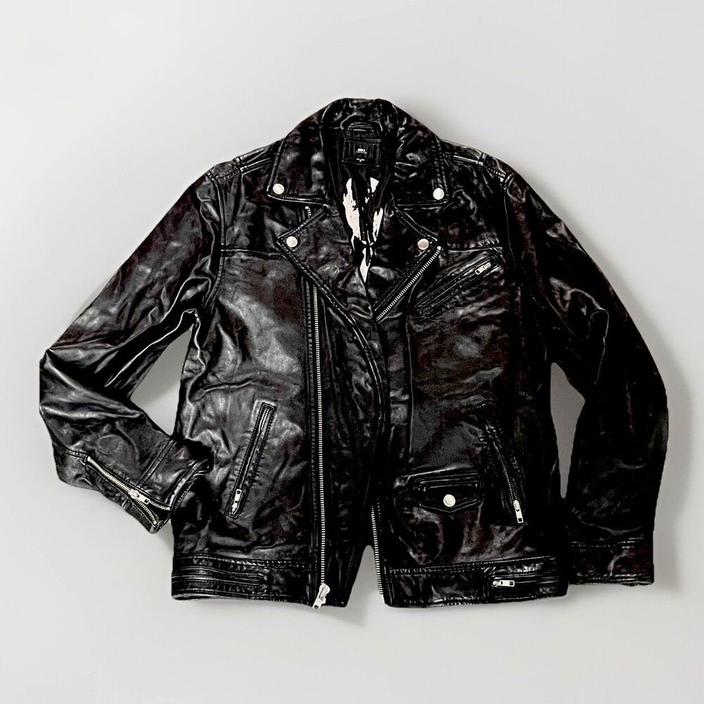 Obey Worldwide Leather Moto Jacket M Shepard Fairey Inner Art Black Biker Rare